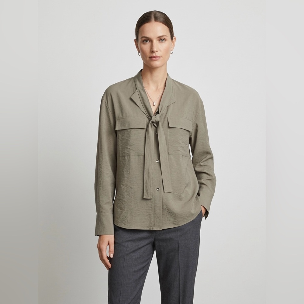 Vince Olive Tie Neck Button Blouse Long Sleeve Medium Lenzing EcoVero